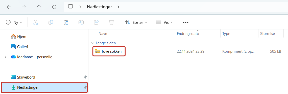 Filutforsker med Nedlastinger og zip-filen Tove sokken markert med røde rammer.