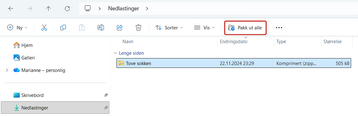 Zip-filen er valgt. Knappen Pakk ut alle øverst i Filutforsker er markert med en rød ramme.