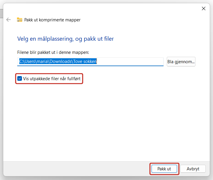 Vinduet for utpakking. Vis utpakkede filer når fullført er avkrysset, og knappen Pakk ut er markert.