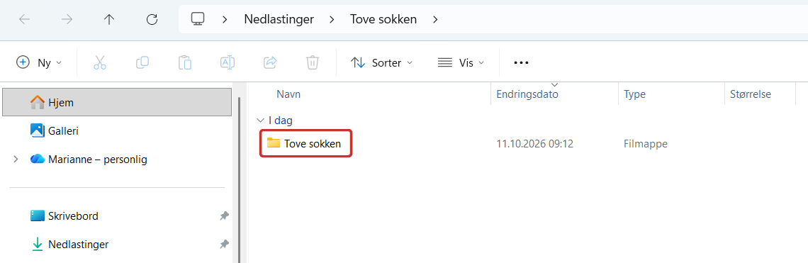 Den utpakkede mappen Tove sokken er markert med en rød ramme. Dobbeltklikk på denne mappen.